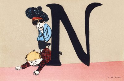 N للتهكم - الأبجدية للأطفال. محرر CM ، باريس. بطاقات بريدية مرسومة باليد ، صُنعت عام 1904. أبعادها: 14 × 9 سم بواسطة غير معروف