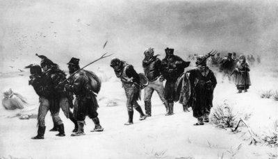 حرب نابليون عام 1812 ، انسحاب الجيش الفرنسي عام 1812 ، من لوحة بريانيشناكوف. بواسطة غير معروف
