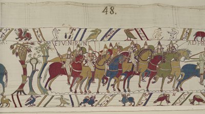 جنود نورمان يغادرون هاستينغز لخوض معركة مع Harold ، Bayeux Tapestry (تطريز من الصوف على الكتان) بواسطة غير معروف