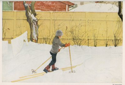 تعلم أحد أبناء الرسام السويدي كارل لارسون (1853-1919) التحرك على الزلاجات. الرسم من "" Das haus in der sonne "" 1921 بواسطة غير معروف