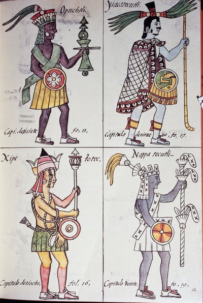 Opochtli و Xipe Totec و Yacatecuhtli و Nappatecutli ، صفحة من المخطوطة الفلورنسية ، نسخة باللغة الإسبانية وناهواتل ، التاريخ العام لأشياء إسبانيا الجديدة (هيستوريا جنرال دي لاس كوساس دي نويفا إسبانا) ، أزتيك بواسطة فنان غير معروف