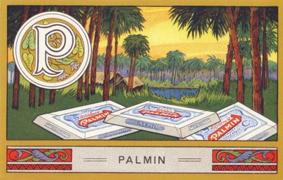 P: Palmin - Palmin الأبجدية. سلسلة من المطبوعات الحجرية الملونة التي نشرتها شركة H. Schlinck & Cie ، Hamburg، sd. إعلان عن Palmin Feintes Cocosfett. الأبعاد: ٧ × ١١ سم بواسطة فنان غير معروف
