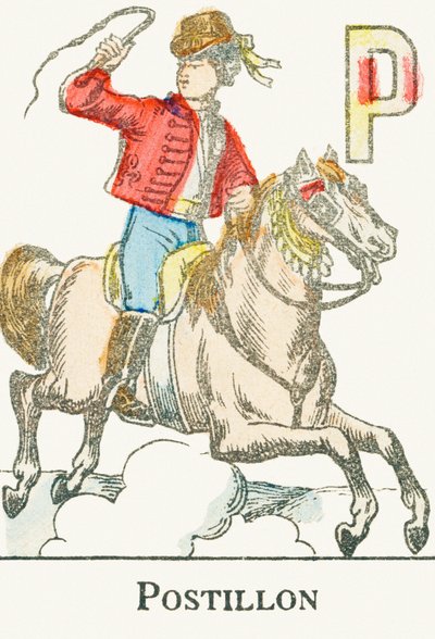 P: Postillon ، فارس شاب يرتدي زي القوزاق - نقش من "Alphabet des jeux" ، حوالي عام 1890 بواسطة غير معروف