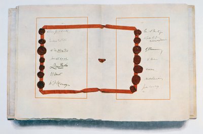 صفحة معاهدة فرساي مع الموقعين ، 28 يونيو 1919 (حبر على ورق) بواسطة غير معروف