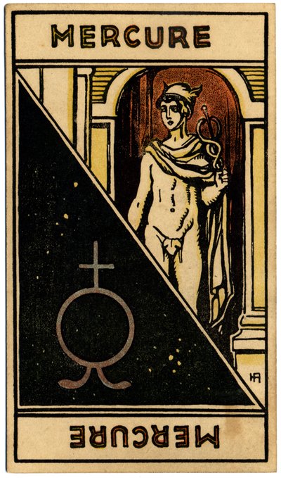 خوارق. علم التنجيم. كوكب عطارد). بطاقة التنجيم من: Le Tarot Astrologique (Astrological Tarot) لجورج ماتشيري ، فرنسا بواسطة فنان غير معروف