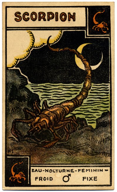 خوارق. علم التنجيم. العقرب (العقرب). بطاقة فلكية من: Le Tarot Astrologique (Astrological Tarot) لجورج ماتشيري ، فرنسا بواسطة فنان غير معروف