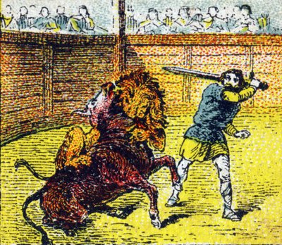 ينزل Pepin Le Brief إلى الساحة لإسقاط الأسد الذي قفز للتو على رقبة الثور. نقش في "Histoire de France". سلسلة من الصور الإعلانية نُشرت بالنيابة عن Louit ، 24 rue d'Eysines-a-Bordeaux ، حوالي عام 1920. Total image si بواسطة غير معروف