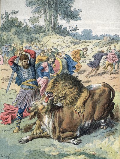 بيبين الموجز يقاتل أسدًا وثورًا على Champ de Mars لإثبات شجاعته (751) بواسطة فنان غير معروف
