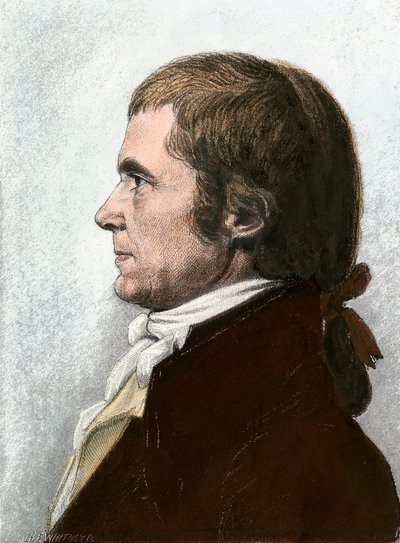 بورتريه لجون مارشال (1755-1835)، محامٍ ورجل دولة أمريكي، رئيس المحكمة العليا للولايات المتحدة. مطبوعة حجرية تعود إلى القرن التاسع عشر، مأخوذة عن لوحة لتشارلز فيفريت دي سانت ميمين (1770-1852). بواسطة فنان غير معروف