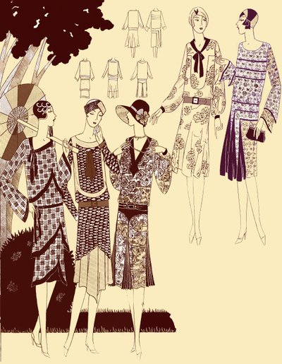 فساتين الأزياء المطبوعة في ربيع 1928 بواسطة فنان غير معروف