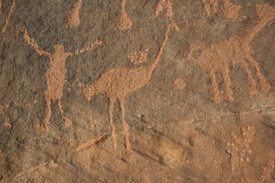 الفن الصخري ، عصور ما قبل التاريخ: نقش شخصية ونعام في كتلة عوينات ، السودان (كركور الطلح أو كركور الطلح). الفترة من 8000 إلى 3000 سنة قبل الميلاد. التصوير بواسطة غير معروف
