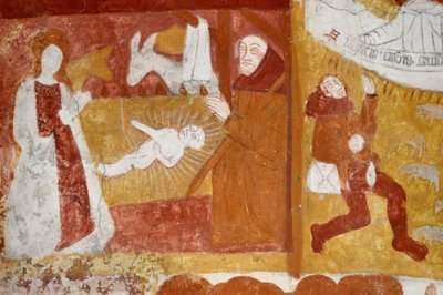 فن الرومانسيك: كنيسة القديسة كاترين، وفوت في نسيم المهد، وطفولة المسيح، والآلام، والدينونة الأخيرة، والمسيح في المجد. اللوحات الجدارية لكنيسة نوتردام دانتي. فيين، بواتو شارينت (بواتو شارينت)، فرنسا. بواسطة فنان غير معروف