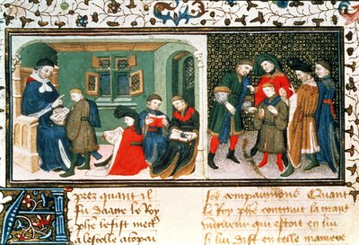Roy 17 E III f.209r الماجستير والتلاميذ ، من "Des Proprietez des Choses" بواسطة Bartholomaeus Anglicus (رق) بواسطة فنان غير معروف