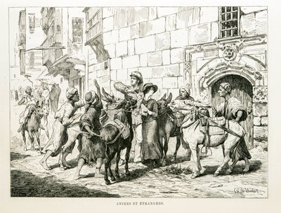 رسم ساخر يصور السياح الغربيين محاطين بالحمير وسائقيها - رسم من أطلس مصر بواسطة غير معروف