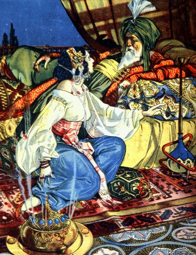 شهرزاد والخليفة، حوالي 1920 (رسم توضيحي) بواسطة فنان غير معروف