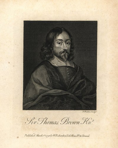 السير توماس براون، عالم وكاتب إنجليزي متعدد العلوم والطب والدين والباطنية، توفي عام 1682. نقش على لوح نحاسي من كتاب ويليام ريتشارد "صور توضيحية لتاريخ السيرة الذاتية لإنجلترا لجرانجر، لندن بواسطة فنان غير معروف