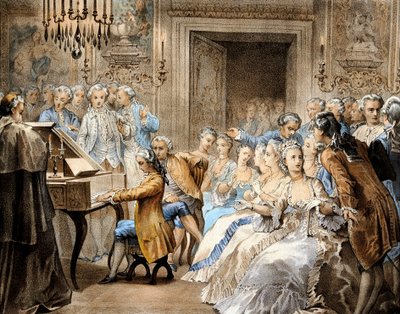 الموسيقار النمساوي فولفغانغ أماديوس موزارت (1756-1791) في سن الرابعة عشرة وهو يعيد عزف مقطوعة "Miserere" لغريغوريو أليغري من ذاكرته بواسطة فنان غير معروف