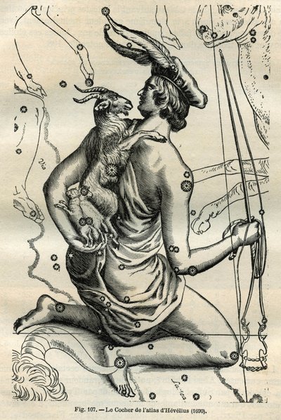 The Coach of the Atlas of Hevelius (1690): تعتبر كوكبة المدرب ، التي تحمل في اليد اليمنى سوطًا ورينيس وعلى الذراع اليسرى شيفر واثنين من الشيفرال ، واحدة من أقدم الأبراج في المجال اليوناني. نقش من "Les ét بواسطة غير معروف