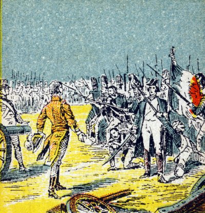 مائة يوم: هزيمة نابليون الأول بونابرت إلى واترلو في عام 1815. نقش في "هيستوار دو فرانس". سلسلة من الصور الإعلانية نُشرت نيابة عن لويت ، 24 شارع دي إيسين- أ-بوردو ، حوالي عام 1920. الحجم الإجمالي للصورة: 7.8 x5.5 سم. بواسطة غير معروف