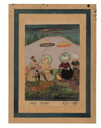 الإمبراطور المغولي شاه جهان مع سلفه تيمور (الغواش مع الذهب على الورق) بواسطة فنان غير معروف