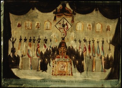 جثمان هوريشيو نيلسون (1758-1805) مسجى في القاعة المطلية بالكلية البحرية الملكية السابقة في غرينتش أثناء الجنازة في اليوم الثالث، وقد أزيلت الملاءة السوداء التي تغطي النعش، ووقف الحراس الذين يرتدون ملابس سوداء على جانبي بواسطة فنان غير معروف
