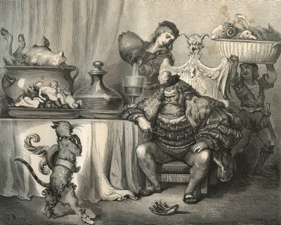 يلتقي قط التمهيد بالغول. نقش لغوستاف دوري (1832-1883) من "" Les contes "لتشارلز بيرولت (1628-1703) بواسطة غير معروف