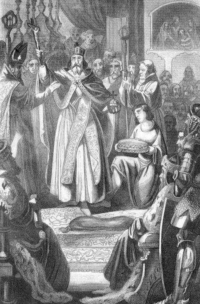 تتويج رودولف الأول ملك هابسبورغ (1218-1291) ملك الرومان في 24 أكتوبر 1273 في كاتدرائية آخن بألمانيا (تتويج رودولف الأول ملك ألمانيا في كاتدرائية آخن في 24 أكتوبر 1273) نقش من "Bilder-Gallerie zur allgem" لروتيك 1843 بريفا بواسطة فنان غير معروف
