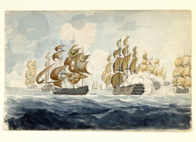 المناورة البحرية التي قام بها ألكسندر هود، الفيكونت بريدبورت (1726-1814) قبالة ساحل لوريان (فرنسا)، أثناء معركة إيل دي غروا (1795). لوحة مائية بواسطة فنان غير معروف