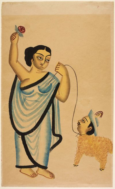 محب الأغنام: مومس تحمل وردة في يدها اليمنى وتقود شاة برأس بشري حوالي عام 1865 (حبر ولون على ورق) بواسطة فنان غير معروف