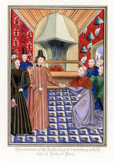 توماس أروندل (1353-1414)، رئيس أساقفة كانتوربيري، التقى هنري بولينجبروك (هنري الرابع ملك إنجلترا) بواسطة فنان غير معروف