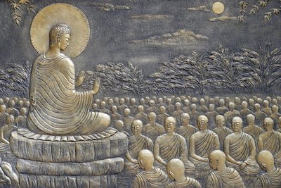Tinh Xa Ngoc Chau Buddhist temple, The Life of the Buddha, Siddhartha Gautama, Buddha with disciples, teaching, The Buddha exhorted His first sixty Arahant disciples to go forth in different directions to preach the Doctrine,   Chau Doc, Vietnam, 2018 (pho بواسطة غير معروف