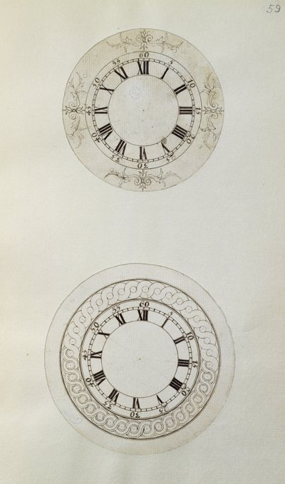 Two designs for large enamel watch dials, from mechanical notes and drawings compiled by John Harrison (1693-1776) and his son William (c.1726-72) (pen and ink on paper) بواسطة غير معروف