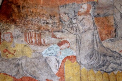 كنيسة Vault de Lugny. لوحة جدارية من القرن السادس عشر. المسيح في آلامه. جثسيماني ، صلى يسوع ، في غضون ذلك ، استراح التلاميذ. فرنسا Â بواسطة غير معروف