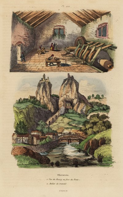 منظر للمدينة والجسر والكنيسة الصخرية في Oberstein 1 ، وإطلالة على مطحنة تلميع الأحجار الكريمة والعقيق والجاسبر 2 بواسطة غير معروف