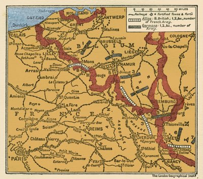 خريطة موقع الجيوش في الحرب العالمية الأولى في 22 أغسطس 1914 بواسطة فنان غير معروف