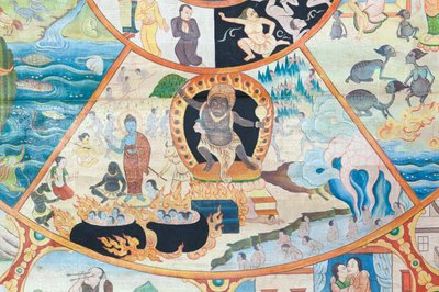 عجلة الحياة ، التفاصيل ، الرسم على الحائط في وات أومونج ، شيانغ ماي ، تايلاند بواسطة فنان غير معروف