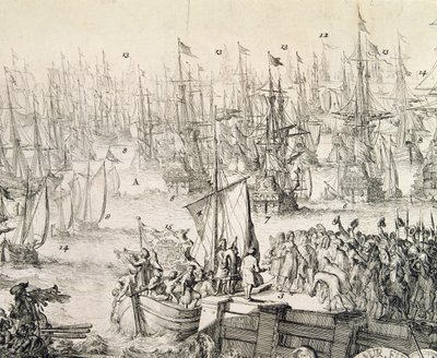 وليام أورانج يبحر إلى إنجلترا في نوفمبر 1688 (نقش) بواسطة فنان غير معروف
