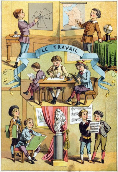 العمل في الفصل. نقش في "Alphabet des petits ecoliers". تصوير إبينال ، حوالي عام 1885. مجموعة بريفيه بواسطة غير معروف