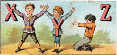 تم تقليد الحروف XY و Z بواسطة موضع الجسم. نقش في "Alphabet des petits ecoliers". تصوير إبينال ، حوالي عام 1885. مجموعة بريفيه بواسطة غير معروف