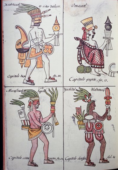 Xiuhtecuhtli، Omacatl، Macuilxochitl، Ixtlilton، Page from Florentine Codex، Version in Spanish and Nahuatl، General History of the Things of New Spain (Historia general de las cosas de Nueva Espana)، Aztec بواسطة فنان غير معروف