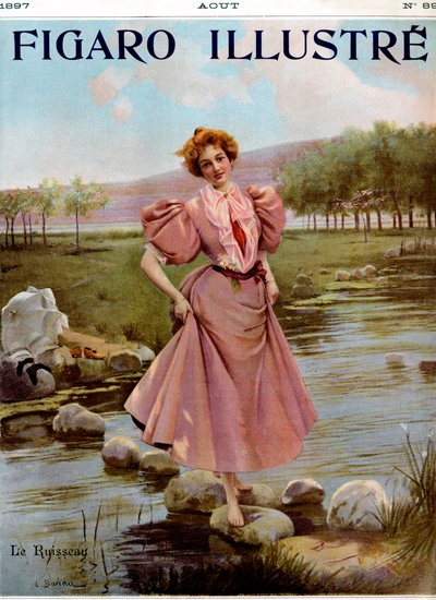 امرأة شابة تعبر جدولاً - من فيجارو المصورة، أغسطس 1897. بواسطة فنان غير معروف
