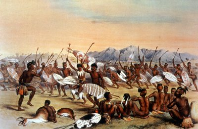 رقصة صيد الزولو، حوالي 1848-1849 (نقش) بواسطة فنان غير معروف