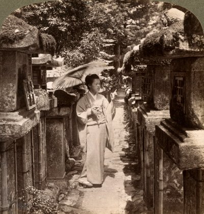 امرأة شيطانية محبة تحسب الفوانيس الحجرية ، ضريح كاسوغا ، نارا ، اليابان ، 1904. بواسطة أندروود أند أندروود