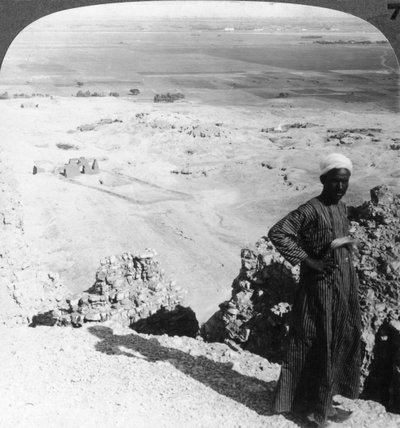 من المنحدرات العالية في دير البحري عبر السهل إلى الأقصر ، طيبة ، مصر ، 1905. بواسطة أندروود أند أندروود