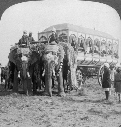 الفيلة المزينة بغزارة وحمل مهراجا ريوا في دلهي دوربار ، الهند ، 1903 بواسطة أندروود أند أندروود