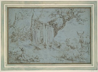منظر طبيعي مع عطارد يقترب من الراعي (وجه الصفحة) ؛ رأس حيوان (ظهر) بواسطة غير معروف