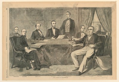 الرئيس لينكولن وأعضاء حكومته في واشنطن العاصمة ، من Harper's Weekly ، 13 يوليو 1861 ، ص. 437. بواسطة غير معروف