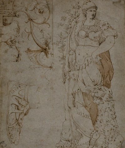 ثلاثة اسكتشات: الثبات ، الصندل ، و Grotesques (وجه الصفحة) ؛ رسومات تخطيطية لـ Grotesques والرومان Cuirass (ظهر) بواسطة غير معروف