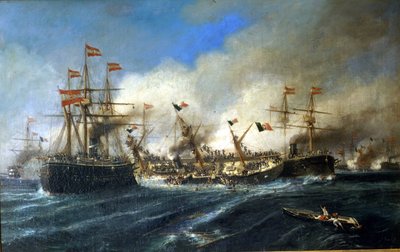 20/07/1866: معركة ليزا قبالة دالماتيا: النمساويون دمروا الأسطول الإيطالي. بواسطة فنان غير معروف