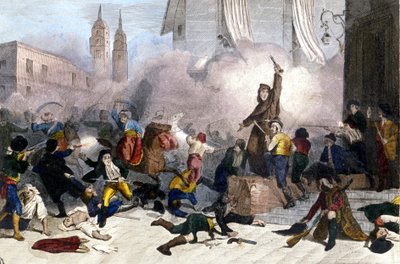 2/05/1808: انتفاضة مدريد ضد سيطرة فرنسا على إسبانيا. نقش القرن التاسع عشر بواسطة فنان غير معروف